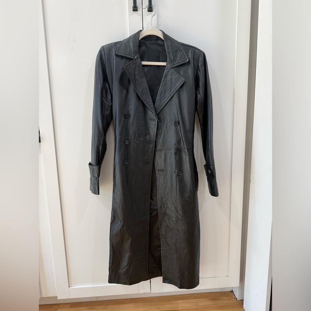 Classic Black Leather Trench Coat XS